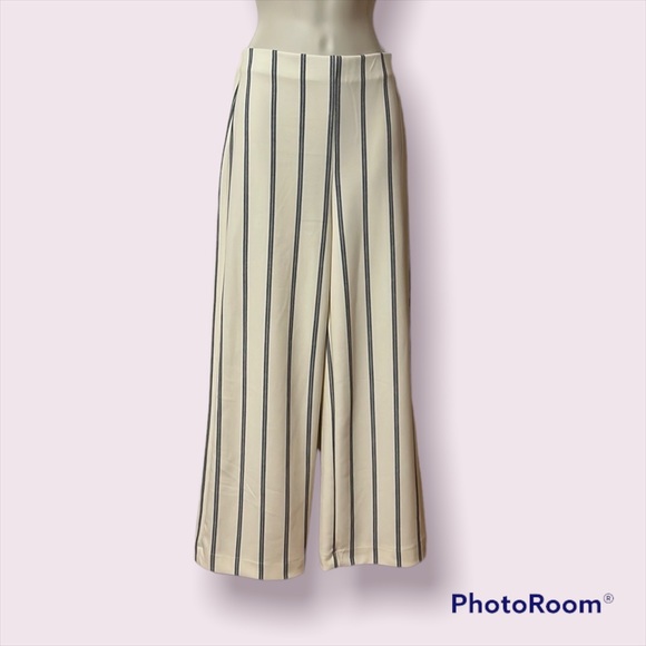 H&M Pants - H&M Women’s Pull On Dress Work Pants Wide Leg Cream & Blue Stripes Size XS